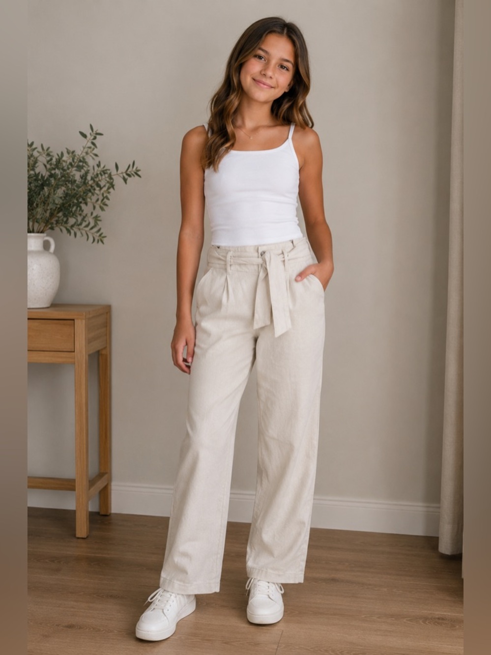 Abercrombie Kids High-Rise Tie-Waist Wide Leg Pants - Cream